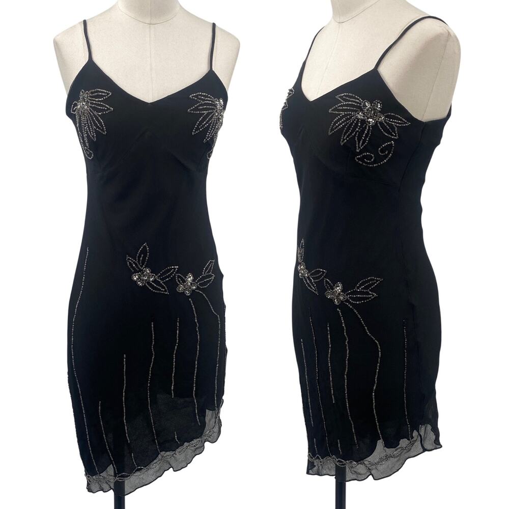 Vintage Y2k Beaded Sequin Bias Cut Asymmetric Mini Dress Vneck Black Silver S